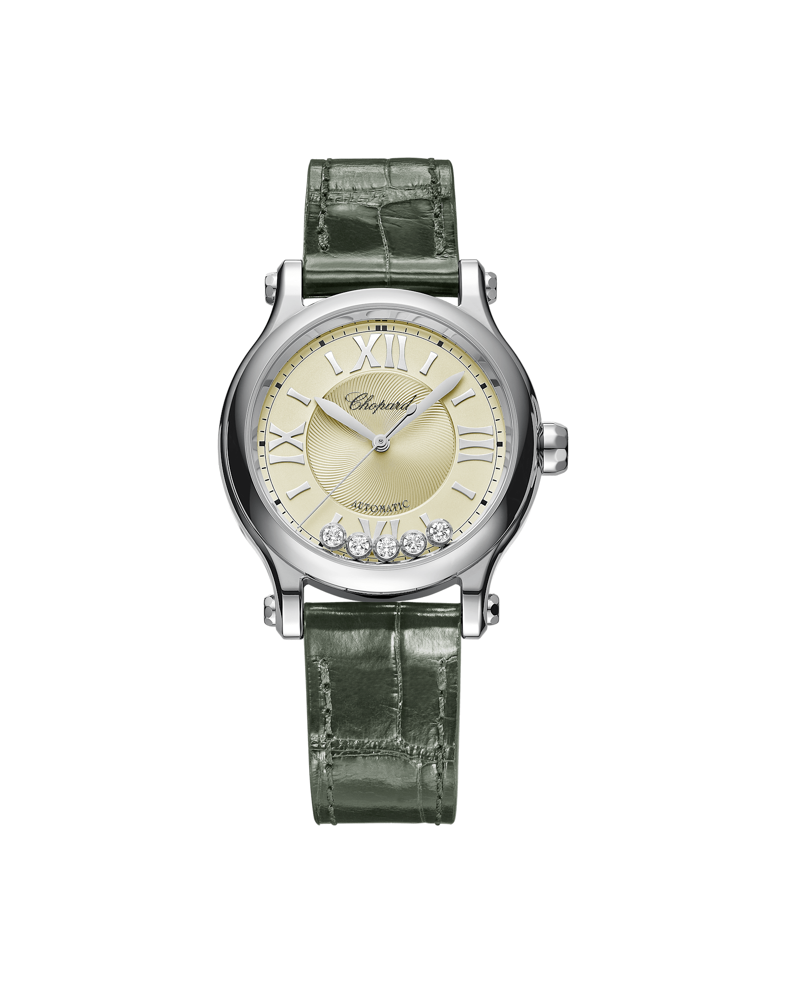 Chopard Happy Sport watch with champagne dial, floating diamonds and green alligator strap
